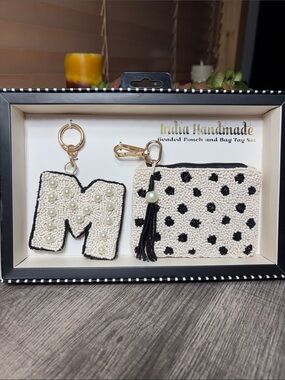 India Handmade Beaded Initial M Keychain & Polka Dot Coin Pouch